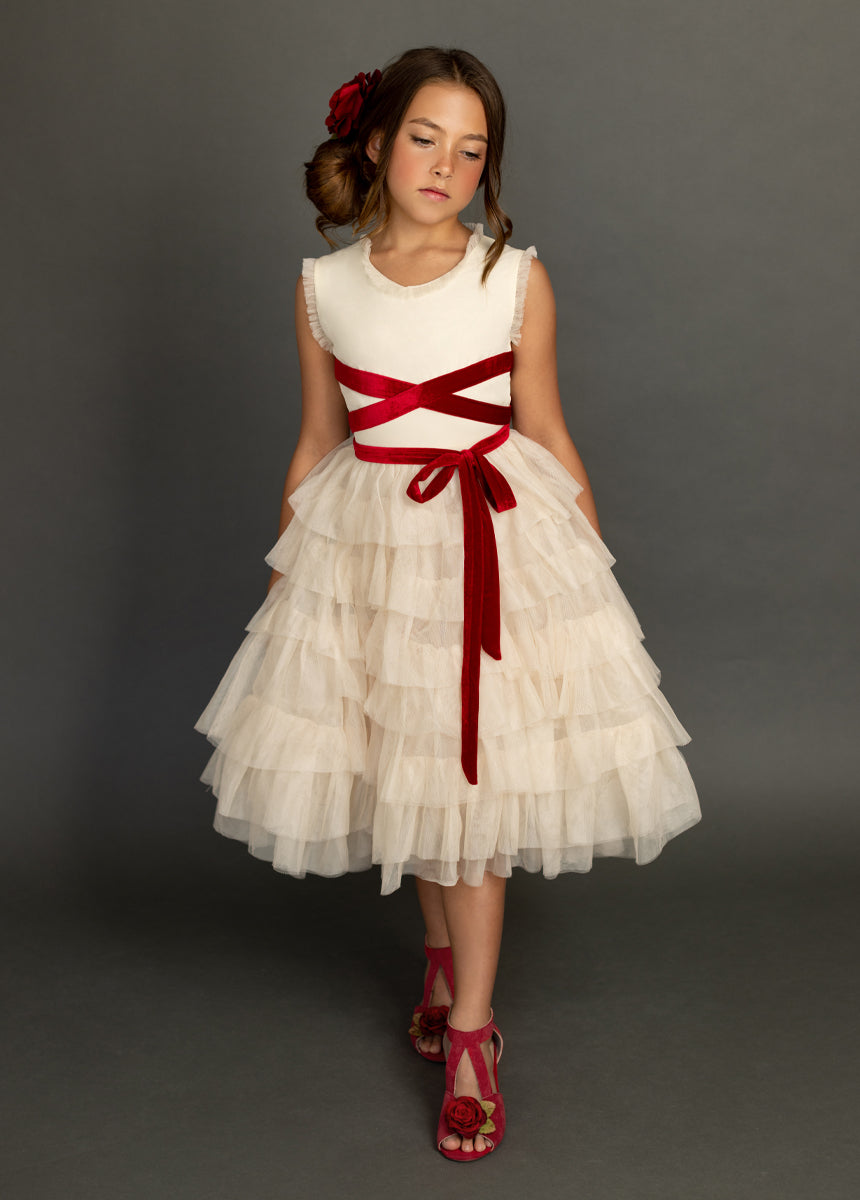 Geneva Petticoat Dress in Cream & Scarlet