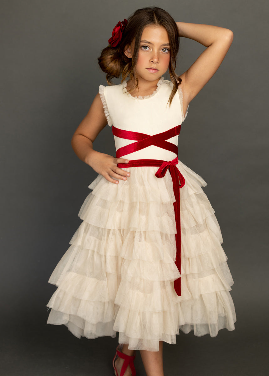 Geneva Petticoat Dress in Cream & Scarlet