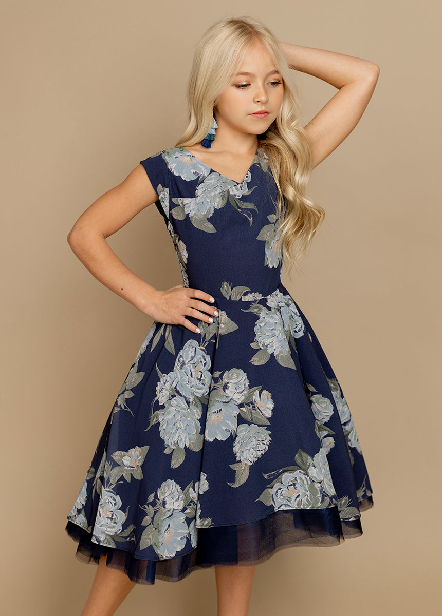 Lezah Petticoat Dress in Large Navy Floral