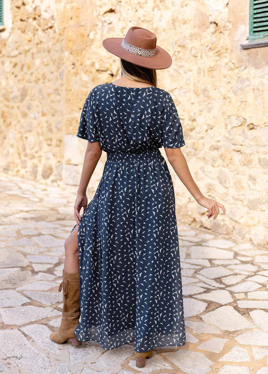 Maya Dress in Navy Bird Print