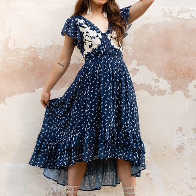 Mia Dress in Navy Bird Print