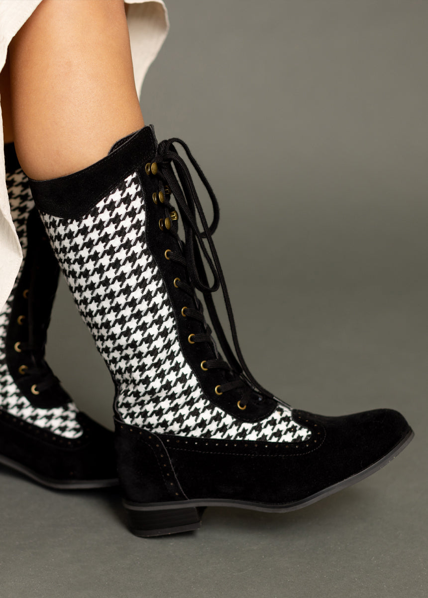 Keiko Tall Boots in Black Houndstooth